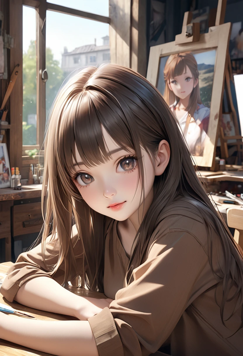  anime girl with long hair and brown shirt sitting at a table, realistic anime style 3 d , realistic kawaii portrait,  realistic art style  de anime,  realistic anime-style art , artwork in the style of guweiz,  realistic art style ,  Realistic young anime girl , selfie photograph of 8k ,  digital anime illustration, Beautiful anime portrait, photorealistic anime, Made with the anime painter's studio 