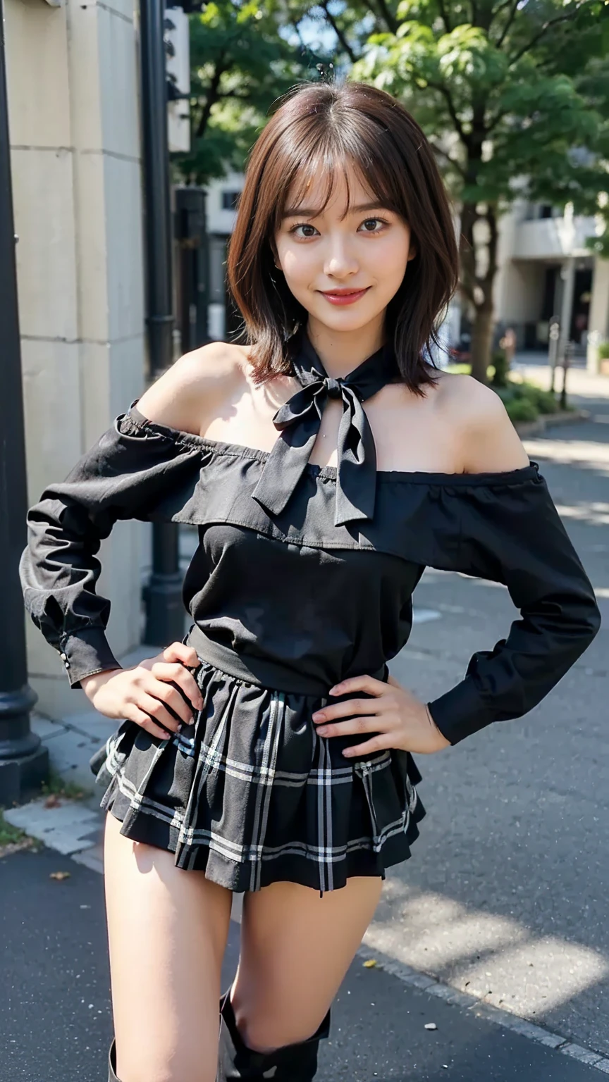 (8k、RAW photo、Best Quality、masterpiece:1.2)、(Realistic、Realistic)、1 person、((Black Dress、 see-through 、 Off Shoulder、 plaid mini skirt 、 big breasts at the temple、 medium hair、Black boots、smile、Thin legs、Ribbon on waist、whole body、 standing with hands on hips )、cute