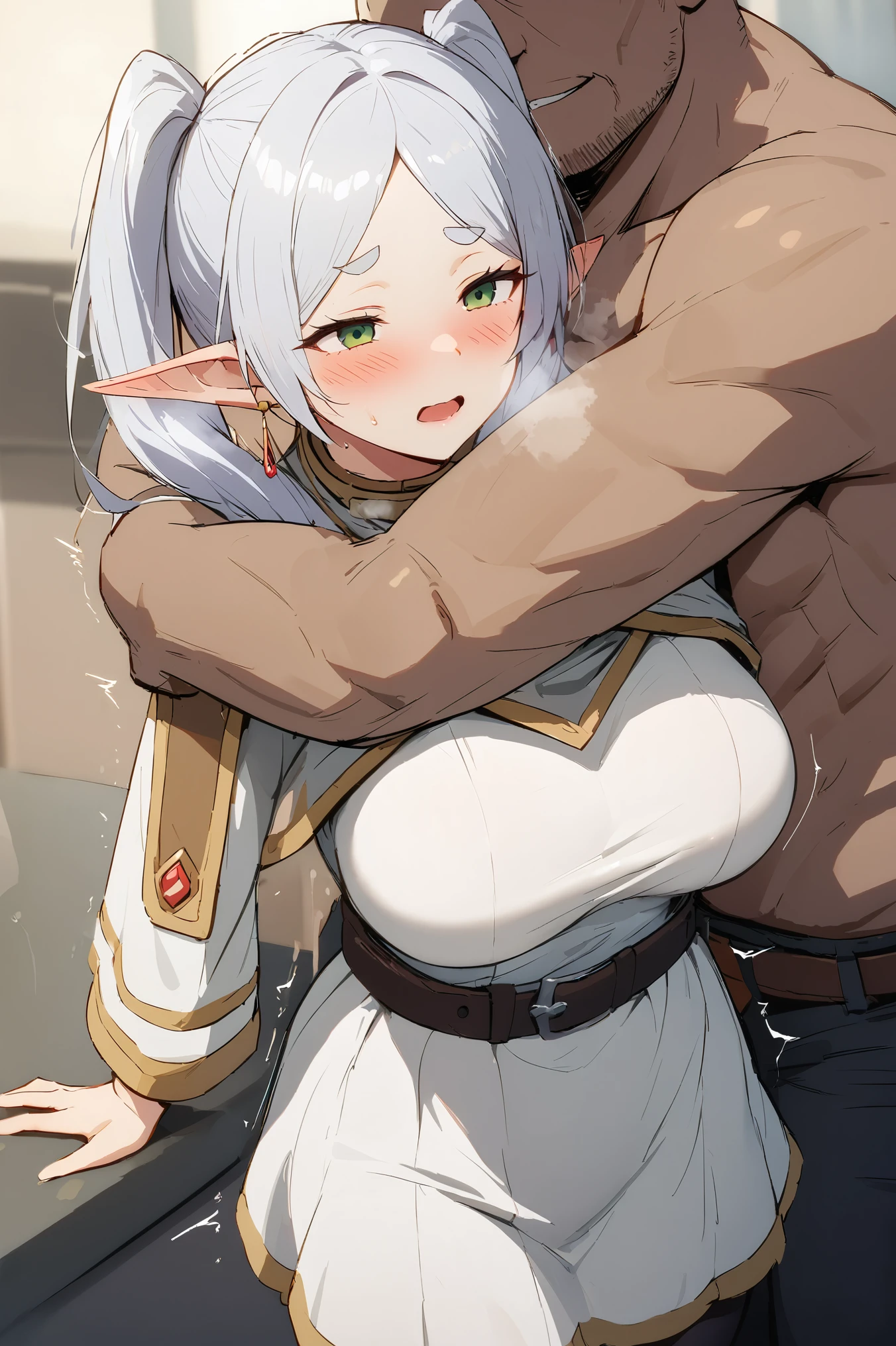 NSFW,masterpiece,Best Quality, high definition, very detailed,Frielen \(葬送のFrielen\), pointed ears、Elf、 earrings for a woman alone、 twin tails、Parted bangs、Gray Hair、 thick eyebrows,Green Eyes,Big Breasts, White Dress ,White Cape, earrings for a woman alone,belt, pantyhose, boots, Adventurers Guild,Reception counter,Heavy breathing,blush,sweat,Strong men , makes my chest feel rubbed, sexual harassment ,Feeling face,Ecstasy face,Embrace,Trembling,(Sex slave)
