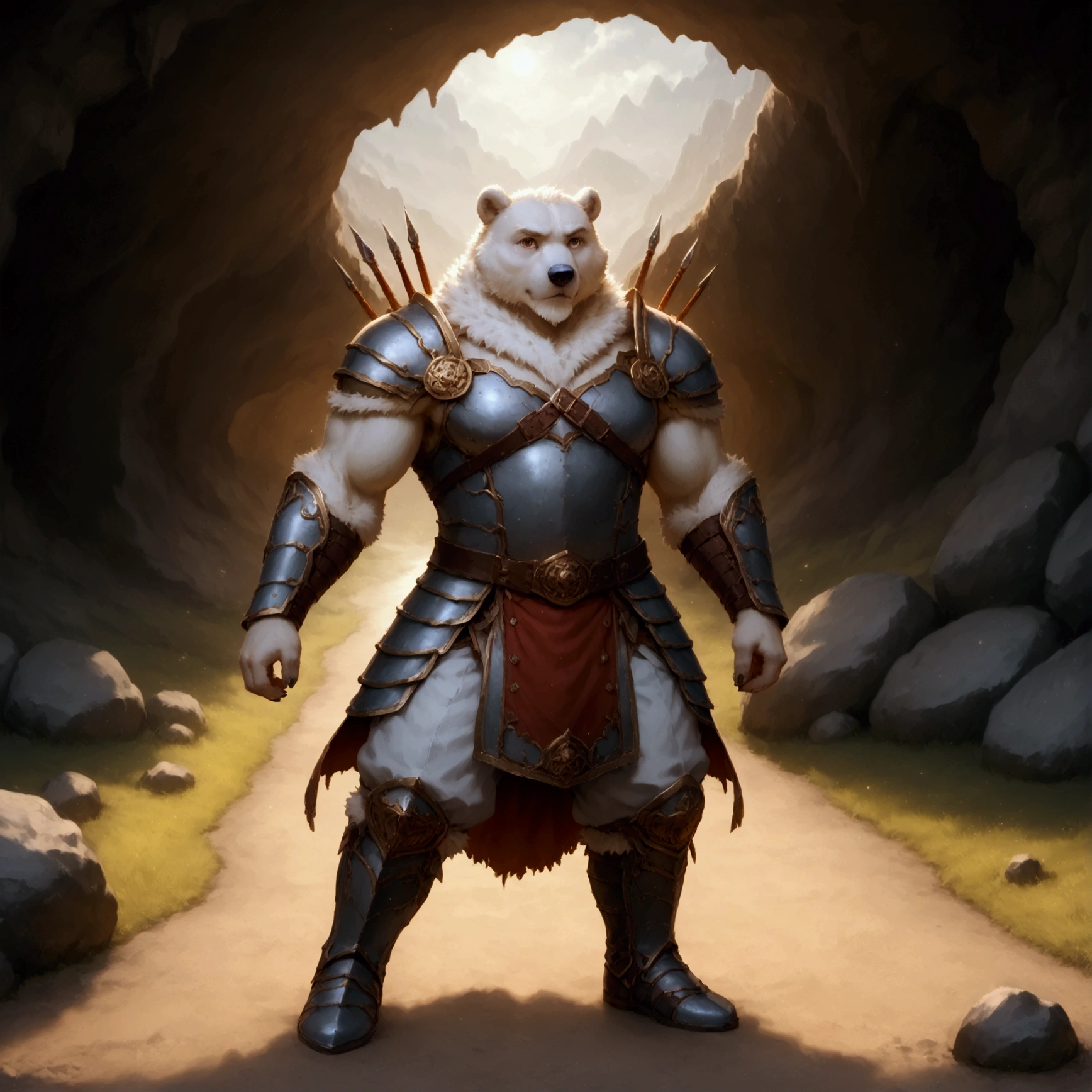 character focus, full body, looking away, various angle, european fantasy, a muscular middle-aged polar bear man, heroic costume clothes, armor, shirt, pants, dynamic pose, BREAK complete anatomy, perfect proportions, beautiful thigh gap, fluffy body, intricate fur details, beautiful fur texture, BREAK a detailed polar bear 1tail, detailed boots, detailed foot, detailed hands, 5fingers, 5fingers nails, BREAK aesthetic anime face, insanity detailed face, male face, big face, square jawline, aesthetic anime eyes, detailed brown eyes, detailed brown cornea, detailed dark brown irises, detailed pupils, male eyes, big eyes, male eyebrows, innocent look, beautiful beard, BREAK full body in Michelangelo Buonarroti style, digital illustration anime, housamo style, detailed painting landscape, cave, path, outdoor, full color, HDR, BREAK masterpiece, official art, best quality, very aesthetic, absurdres, super fine illustration, great quality, BREAK noise reduction, very highres, large filesize, high quality, 32K, 8k wallpaper, dynamic lighting, BREAK insanity detailed, ultra detailed, intricate details, extremely detailed, detailed texture, an extremely delicate and beautiful, BREAK osukemo, e621 illustration, kemohomo, anthropomorphic, furry, cartoon, harmonious body, pastoral face, virtuous eyes, epic atmosphere