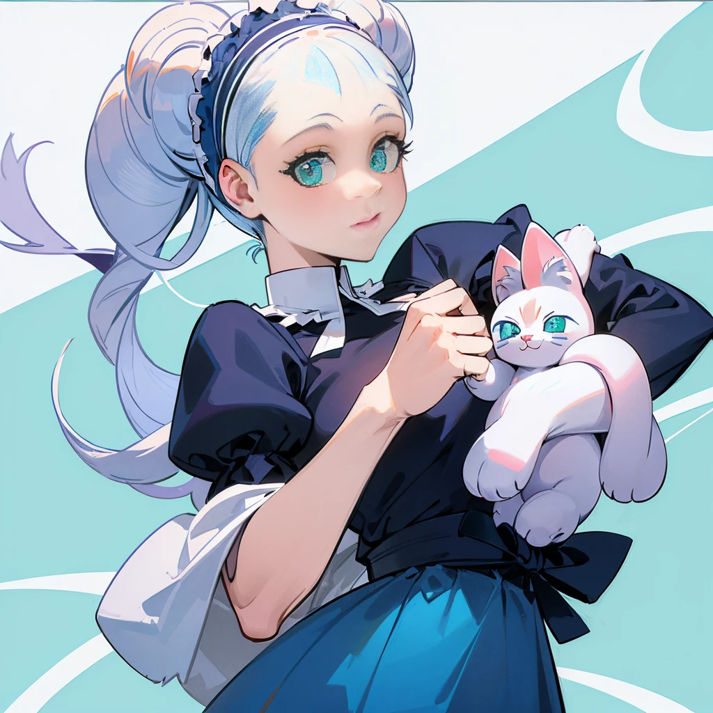 (Felicia:1.5),  blue hair , green eyes, Cat&#39;s tail,  happy ,  cute smile, Highlight Details, Big Breasts,  happy , (Inside an old train with a cat theme)  sitting at table ,  Drinking Coffee,Beastman、Cat&#39;s paw、long hair、Curly hair, thick lip、Canine、 long lashes、 backlight 、