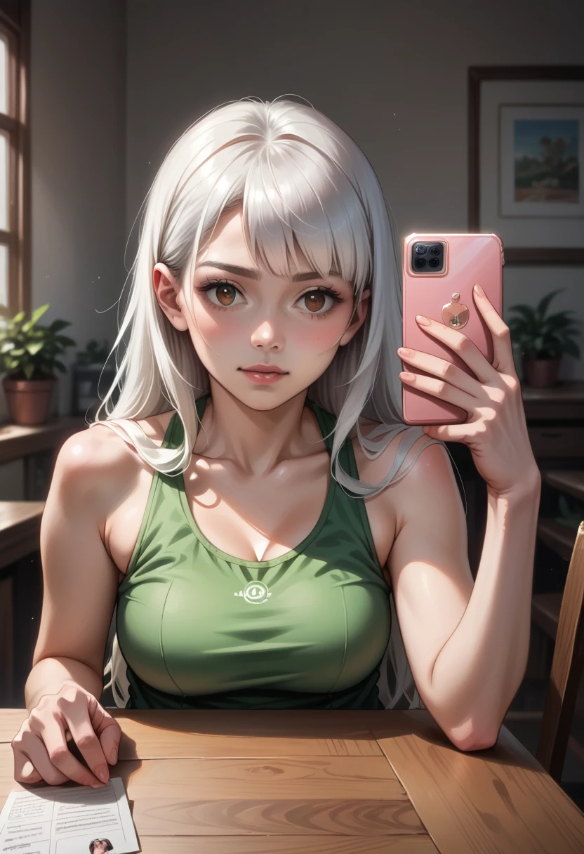 Anime girl with long brown and white hair and green tank top shirt sitting at a table,red miniskirt, dynamic pose, realistic anime style 3 d , realistic kawaii portrait,  realistic art style  de anime,  realistic anime-style art , artwork in the style of guweiz,  realistic art style ,  Realistic young anime girl , selfie photograph of 8k ,  digital anime illustration, Beautiful anime portrait, photorealistic anime, Made with the anime painter's studio 