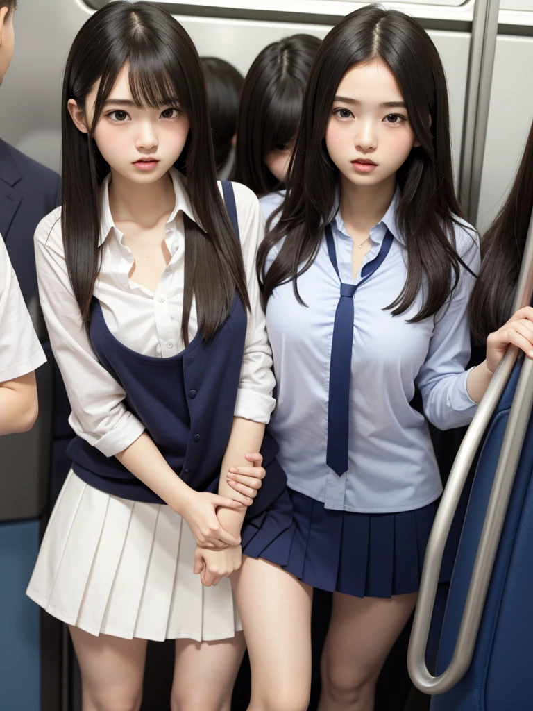 long_hair, multiple_girls, skirt, black_hair, 2girls, school_uniform, cosplay, photo_(medium), sit_toilet, cosplay_photo