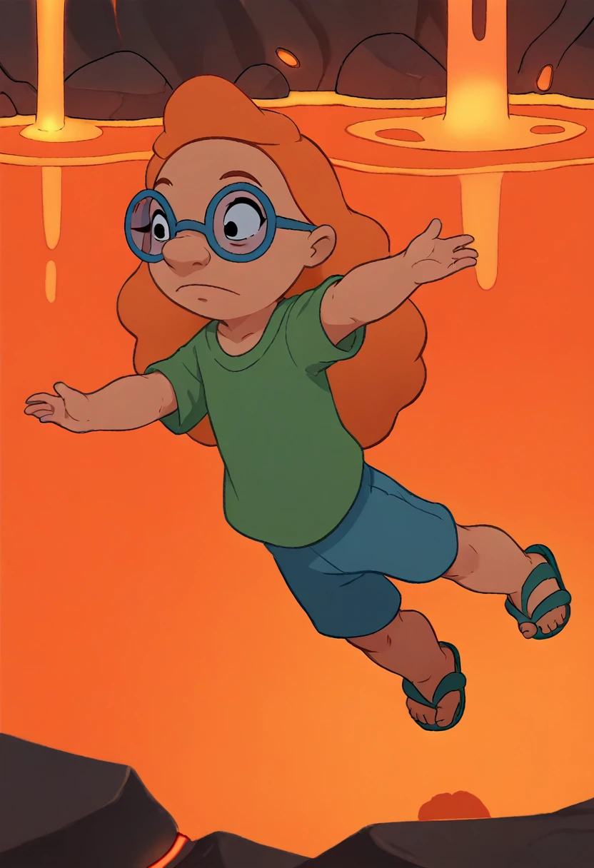 MertleEdmondsLSXL, MertleEdmonds, Mertle Edmonds, girl, , black eyes, orange hair, long hair, blue glasses, flat chest, green shirt, short sleeves, blue shorts, green sandals, lava pit, red lava, orange lava, lava, balancing 