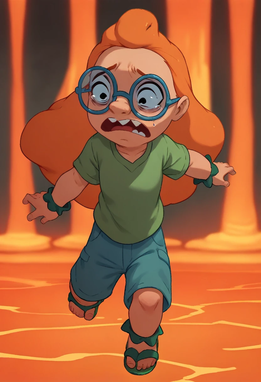 MertleEdmondsLSXL, MertleEdmonds, Mertle Edmonds, girl, , black eyes, orange hair, long hair, blue glasses, flat chest, green shirt, short sleeves, blue shorts, green sandals, lava pit, scared