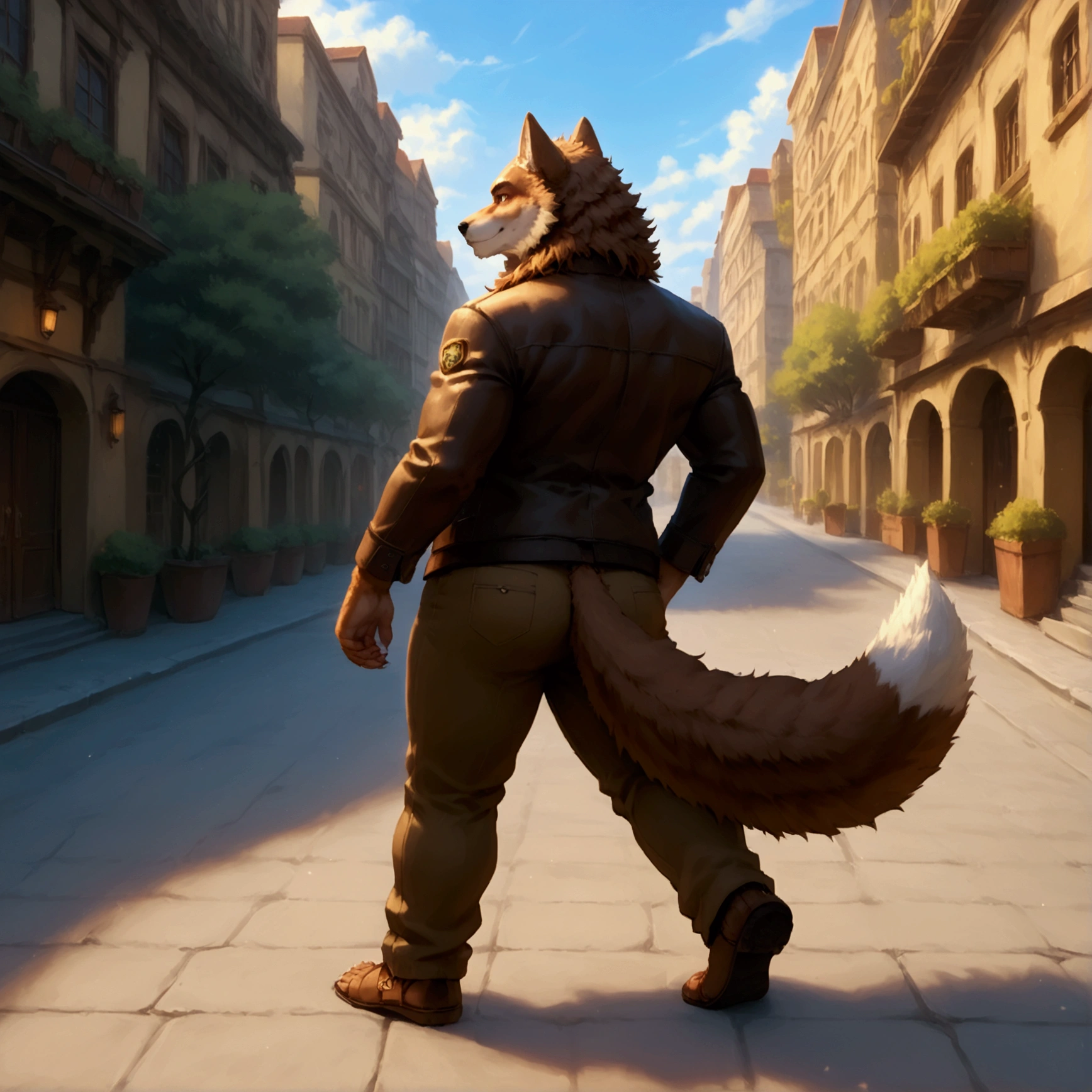 character focus, full body, looking away, back view, back focus, dynamic angle, street dancer, plump middle-aged wolf man, happy, little smile, street fashion, jacket, pants, street dance, dancing, dynamic pose, standing, full body in Michelangelo Buonarroti style, digital illustration anime, housamo style, detailed painting landscape, afternoon, city scape, street, outdoor, full color, HDR, BREAK complete anatomy, perfect proportions, beautiful thigh gap, fluffy body, intricate fur details, beautiful fur texture, BREAK detailed wolf tail, detailed toe, 5toes, 5toes nails, beautiful foot, detailed hands, 5fingers, 5fingers nails, BREAK aesthetic anime face, insanity detailed face, male face, big face, square jawline, aesthetic anime eyes, detailed brown eyes, detailed brown cornea, detailed dark brown irises, detailed pupils, male eyes, big eyes, male eyebrows, innocent look, beautiful beard, BREAK masterpiece, official art, best quality, very aesthetic, absurdres, super fine illustration, great quality, BREAK noise reduction, very highres, large filesize, high quality, 32K, 8k wallpaper, dynamic lighting, BREAK insanity detailed, ultra detailed, intricate details, extremely detailed, detailed texture, an extremely delicate and beautiful, BREAK e621 illustration, osukemo, kemohomo, anthropomorphic, furry, cartoon, harmonious body, pastoral face, virtuous eyes, street atmosphere