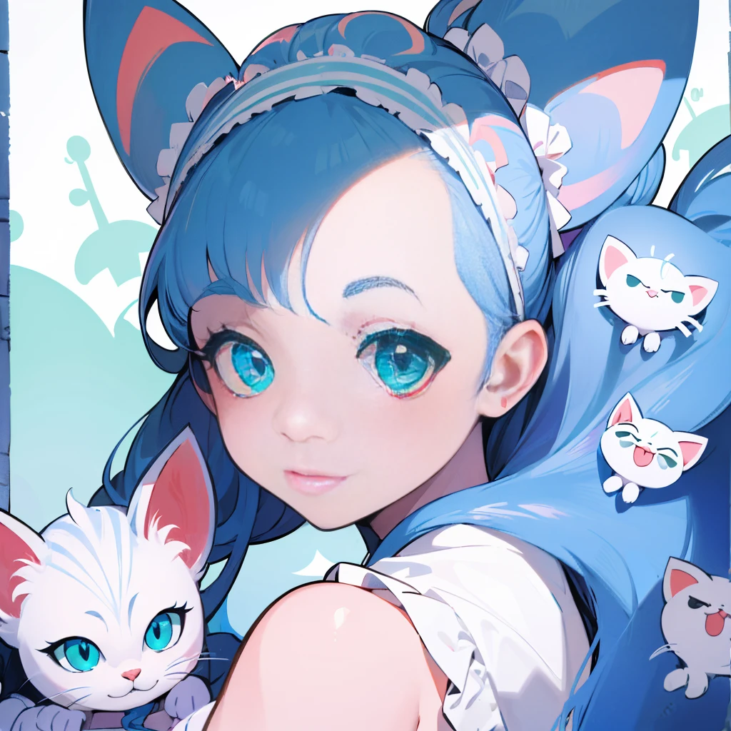 (Felicia:1.5),  blue hair , green eyes, Cat&#39;s tail,  happy ,  cute smile, Highlight Details, Big Breasts,  happy , (Inside an old train with a cat theme)  sitting at table ,  Drinking Coffee,Beastman、Cat&#39;s paw、Long stray hair、long hair、Curly hair, thick lip、Canine、 long lashes、 backlight 、