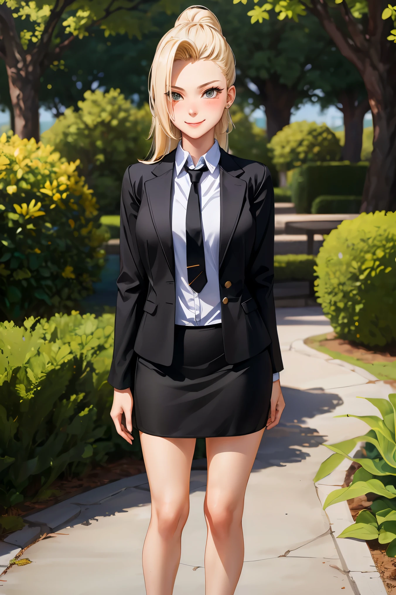 yamanaka ino, long blonde hair, bangs,
BREAK ((office lady, black skirt, black jacket, necktie, collared shirt:1.2)),
BREAK (Standing: 1.7), Blushing, Embarrassing, Big, Smile,
BREAK ball gown, in the garden of trees, wedding decorations,
BREAK ((top quality, 8k, masterpiece: 1.3, ultra hd, high quality, best quality, high definition, realism)), sharp focus: 1.5, Beautiful woman with Slim body, (perfect hands, perfect anatomy),