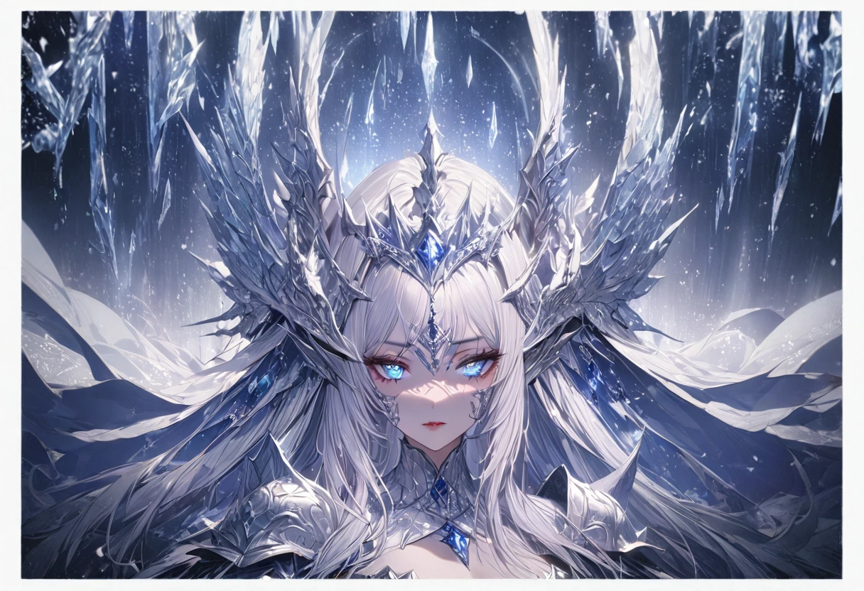 (1 woman:1.3), (beautiful fantasy empress), white-horned queen demon, silver-haired goddess, armor reflecting icy silver colors, ice queen, portrait of the light queen, detailed face, piercing eyes, sharp features, elegant pose, dramatic lighting, frosty blue color tones, cinematic composition, ethereal atmosphere, masterpiece, best quality, ultra detailed, high resolution