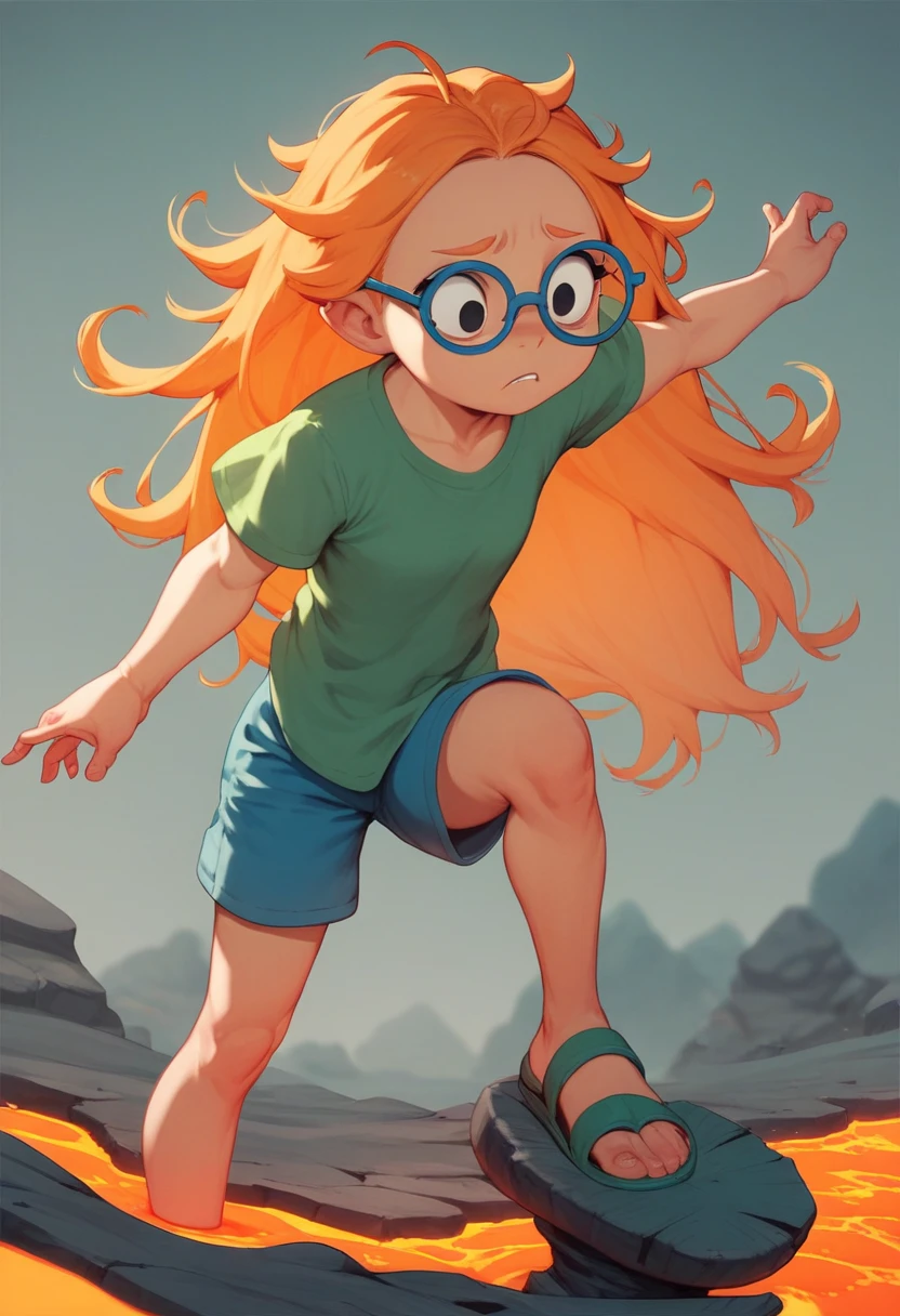 MertleEdmondsLSXL, MertleEdmonds, Mertle Edmonds, girl, , black eyes, orange hair, long hair, blue glasses, flat chest, green shirt, short sleeves, blue shorts, green sandals, lava, balancing scared