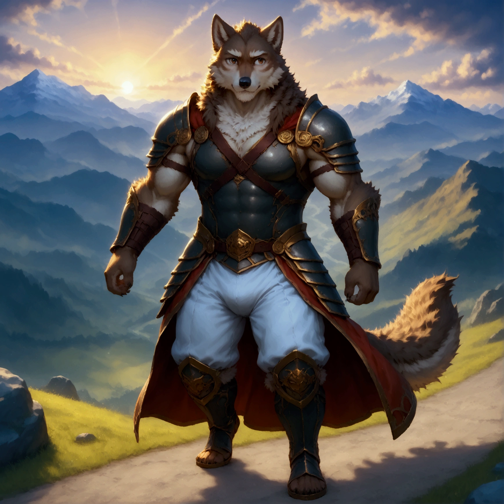 character focus, full body, looking away, various angle, european fantasy, a muscular middle-aged wolf man, heroic costume clothes, armor, shirt, pants, dynamic pose, BREAK complete anatomy, perfect proportions, beautiful thigh gap, fluffy body, intricate fur details, beautiful fur texture, BREAK a detailed wolf 1tail, detailed boots, detailed foot, detailed hands, 5fingers, 5fingers nails, BREAK aesthetic anime face, insanity detailed face, male face, big face, square jawline, aesthetic anime eyes, detailed brown eyes, detailed brown cornea, detailed dark brown irises, detailed pupils, male eyes, big eyes, male eyebrows, innocent look, beautiful beard, BREAK full body in Michelangelo Buonarroti style, digital illustration anime, housamo style, detailed painting landscape, mountain, path, outdoor, full color, HDR, BREAK masterpiece, official art, best quality, very aesthetic, absurdres, super fine illustration, great quality, BREAK noise reduction, very highres, large filesize, high quality, 32K, 8k wallpaper, dynamic lighting, BREAK insanity detailed, ultra detailed, intricate details, extremely detailed, detailed texture, an extremely delicate and beautiful, BREAK osukemo, e621 illustration, kemohomo, anthropomorphic, furry, cartoon, harmonious body, pastoral face, virtuous eyes, epic atmosphere