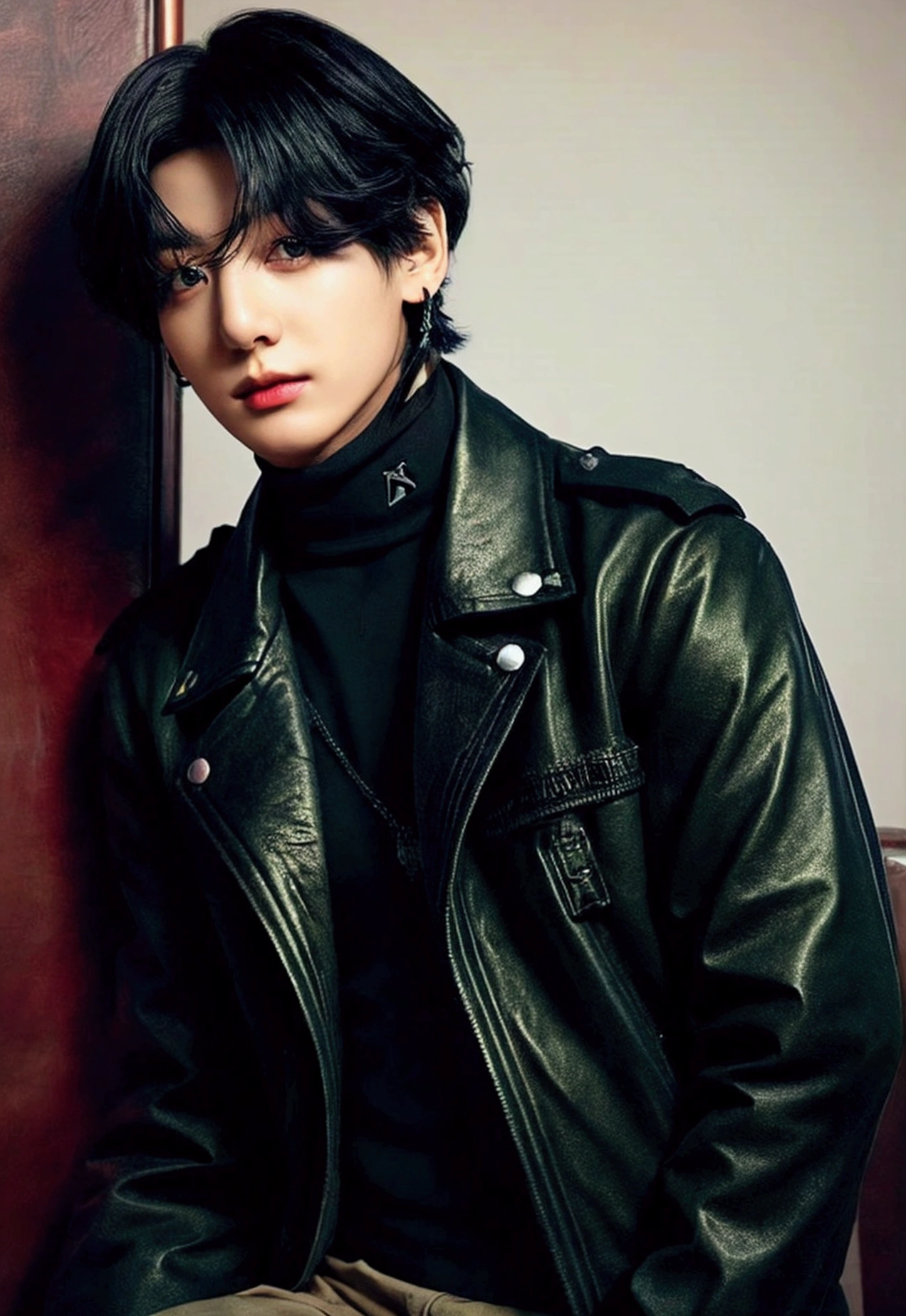 full shot, Military man  ,  black hair  ,  Korean Gothic boy ,  hime black haircut , hair blackbangs hair,  Gothic boy aesthetic ,  He has black hair with bangs ., Jeon Jungkook, DETAILED, , sui ishida with black hair, portrait de un niño,  a 20-year-old Gothic boy ,  White hairstyle with hime cut , Jungkook,  A handsome young man with fascinating eyes., DETAILED facial features,  long eyelashes , perfect skin, Warm smile,  brown hair, wearing military costume  , In an office room, 4k,  High resolution,  photorealistic , DETAILED,  hyperrealistic ,  vibrant colors ,  natural lighting ,  film composition ,portrait, Casual clothing, leather jackets, black clothes ,Tough boy, Military uniforms, green pants 





