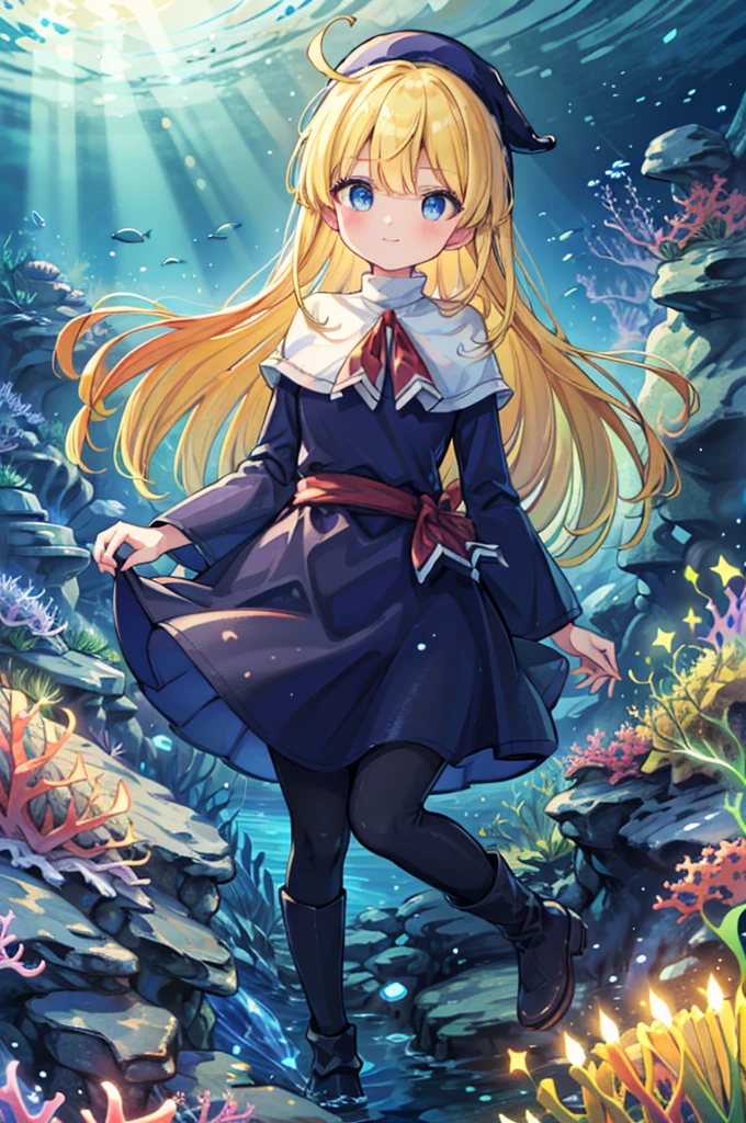 (8k,  super quality, masterpiece:1.2),  ultra high resolution, cute,  girl, solo, whole body, Puyo Puyo's witch, Blonde, Blue Eyes , blue headwear ,  blue based robe,  red ribbon,  White Capelet , Ahoge,  long skirt , In the sea, Underwater theme , Undersea exploration, fish, star, Floating,  imaginary,  like a , Bright smile,  innocent face ,  mouth, Bubble,  full light, A fun-looking landscape, 