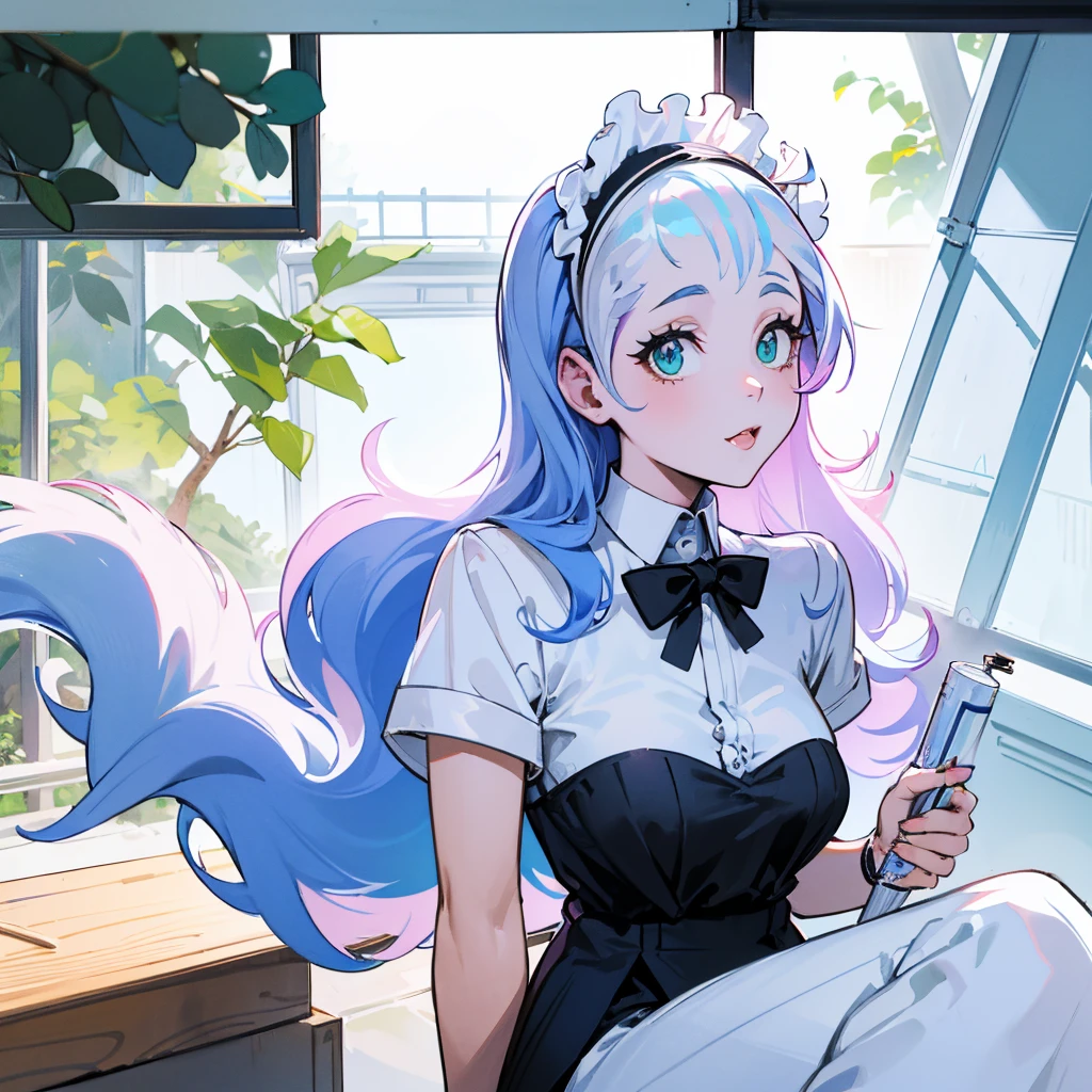 Best Quality、(Felicia:1.5),  blue hair , green eyes, Cat&#39;s tail,  happy ,  cute smile, Highlight Details, Big Breasts,  happy , (Inside an old train with a cat theme)  sitting at table ,  Drinking Coffee,Beastman、Cat&#39;s paw、Long stray hair、long hair、Curly hair, thick lip、Canine、 long lashes、 backlight 、Sparkling Eyes、Particles floating in the air、Glowing particles 、 Backlight 、   lens flare   、Stylish accessories、effect、 realistic texture、Fluffy fur、