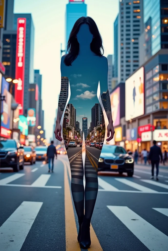 high resolution photography, cinematography, this work uses double exposure photography to cleverly integrate the silhouette of a woman, silhouetted against a brightly lit city，Three-dimensional leap, optical illusion, rich layers, picture suspension, dimensional breakthrough, visual feast