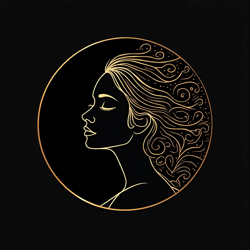 A minimalistic, elegant profile illustration of a woman facing sideways, depicted in a circular frame. The artwork uses a monochromatic color scheme with warm gold or bronze tones against a dark background, creating a sophisticated and refined look. The woman’s hair flows gracefully, intertwining with artistic swirls and dotted patterns that resemble waves or natural elements, adding a sense of movement and fluidity. Her eyes are gently closed, and her expression is serene and calm, capturing a timeless beauty. The overall design is stylized with clean lines and subtle curves, emphasizing elegance and simplicity.