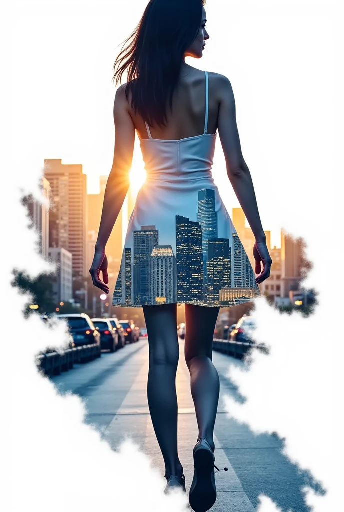 high resolution photography, cinematography, this work uses double exposure photography to cleverly integrate the silhouette of a woman, silhouetted against a brightly lit city，Three-dimensional leap, optical illusion, rich layers, picture suspension, dimensional breakthrough, visual feast， white background ，