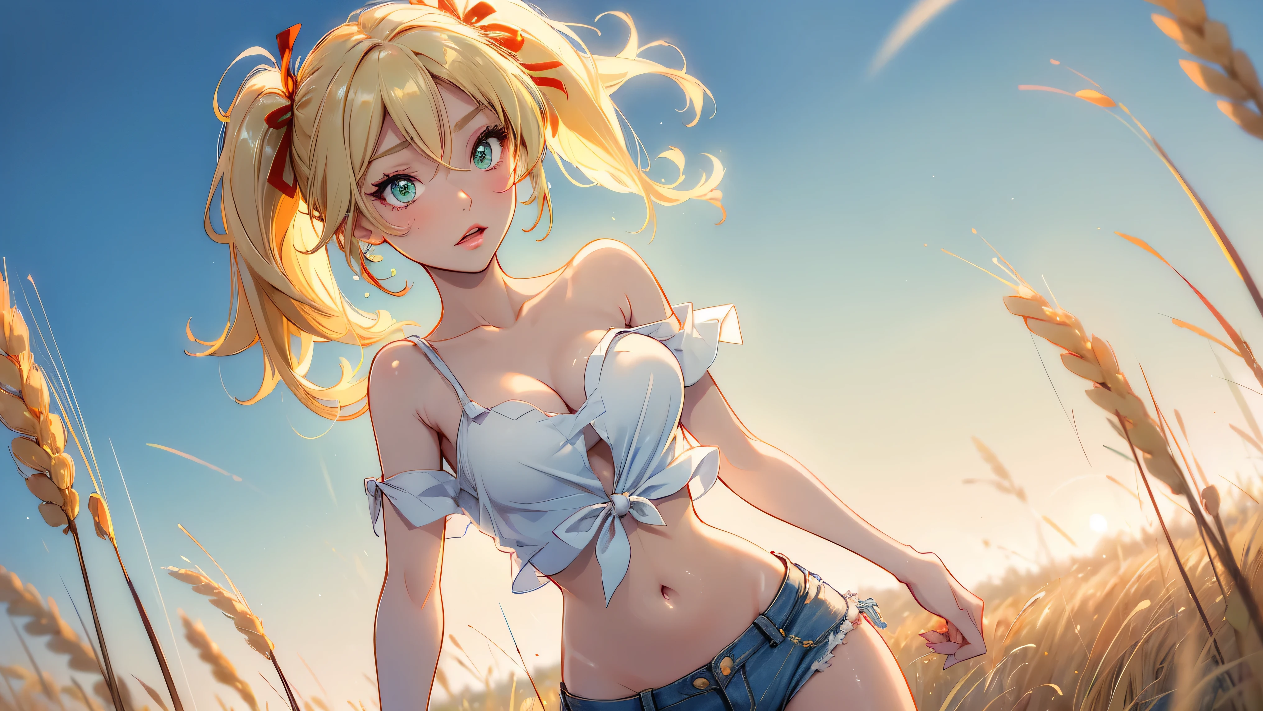 1girl, solo, (masterpiece, best quality, High Detail, 8K), blonde, long wavy hair, twintails with red ribbons in hair, dark tanned skin, extremely sexy, bikini tan, ((large breasts, busty)), cleavage, Head to hips shot, Full body shot, cowboy shot, skinny, large green eyes, ((thin waist, small hips, long torso)), ((Dean Yeagle Style - Mandy)), wearing cutoff bluejean short-shorts and tied off button shirt, ((bright yellow shirt busting open)), shirt tied just under breasts, country girl, standing in a wheat field, farm background, wheat field,