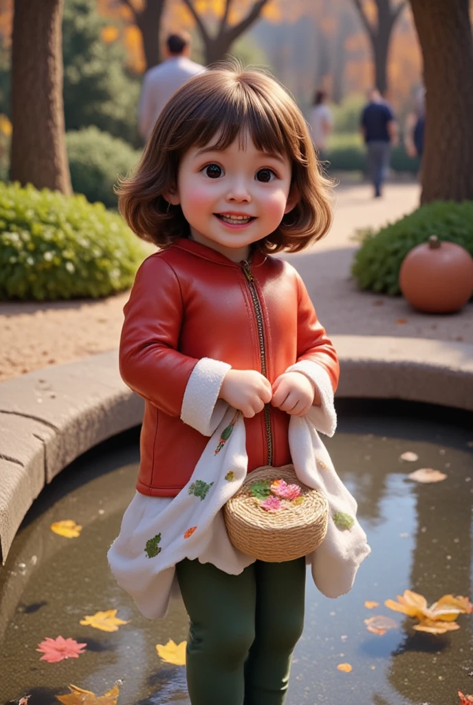 Imagine a curious , around 4-, with wide-open eyes and a bright smile. They are exploring the
outdoors, likely in a park or forest. The  is holding a small basket to collect flowers, seeds, or other
natural objects.

**Details:**

*   The  is wearing a red leather jacket and green pants.
*   The 's arms are covered with a white cotton handkerchief featuring a leaf design.
*   The 's face is tilted forward as they examine something closely.
*   The  is standing in front of a small water source, such as a fountain or stream.