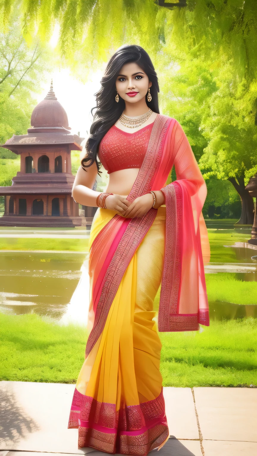 (best quality,4k,8k,highres,masterpiece:1.2),ultra-detailed,(realistic,photorealistic,photo-realistic:1.37) wear designer printed Saree and blouse, a bindi on the center of the forehead, extra big chest, 36D, Indian temples in background, flower basket, very well dressed, going to temple for prayers, golden heavy jewellery, very beautiful 25 year old indian girl, full body photo, mehendi in hands, random hair style, holding Puja plate with Puja items for lord Shiva, lord Shiva temple in background, jewelry, gem, necklace, necklace set, tika, vermilion, nathiya, ear rings, mangalsutra, golden haar, gold bracelet, anklets, thick lips, holding flower basket for Puja in hand, skindentation, parted lips, full body photo from front, beautiful face, beautiful body, (detailed eyes), ulzzang-6500-v1.1, thick eyelashes, long eyelashes, random hair style, broad light, backlighting, bloom, light sparkles, chromatic aberration, sharp focus, Nikon Z 85mm, unparalleled masterpiece, ultra-realistic 8k photos, best quality masterpiece, best quality,