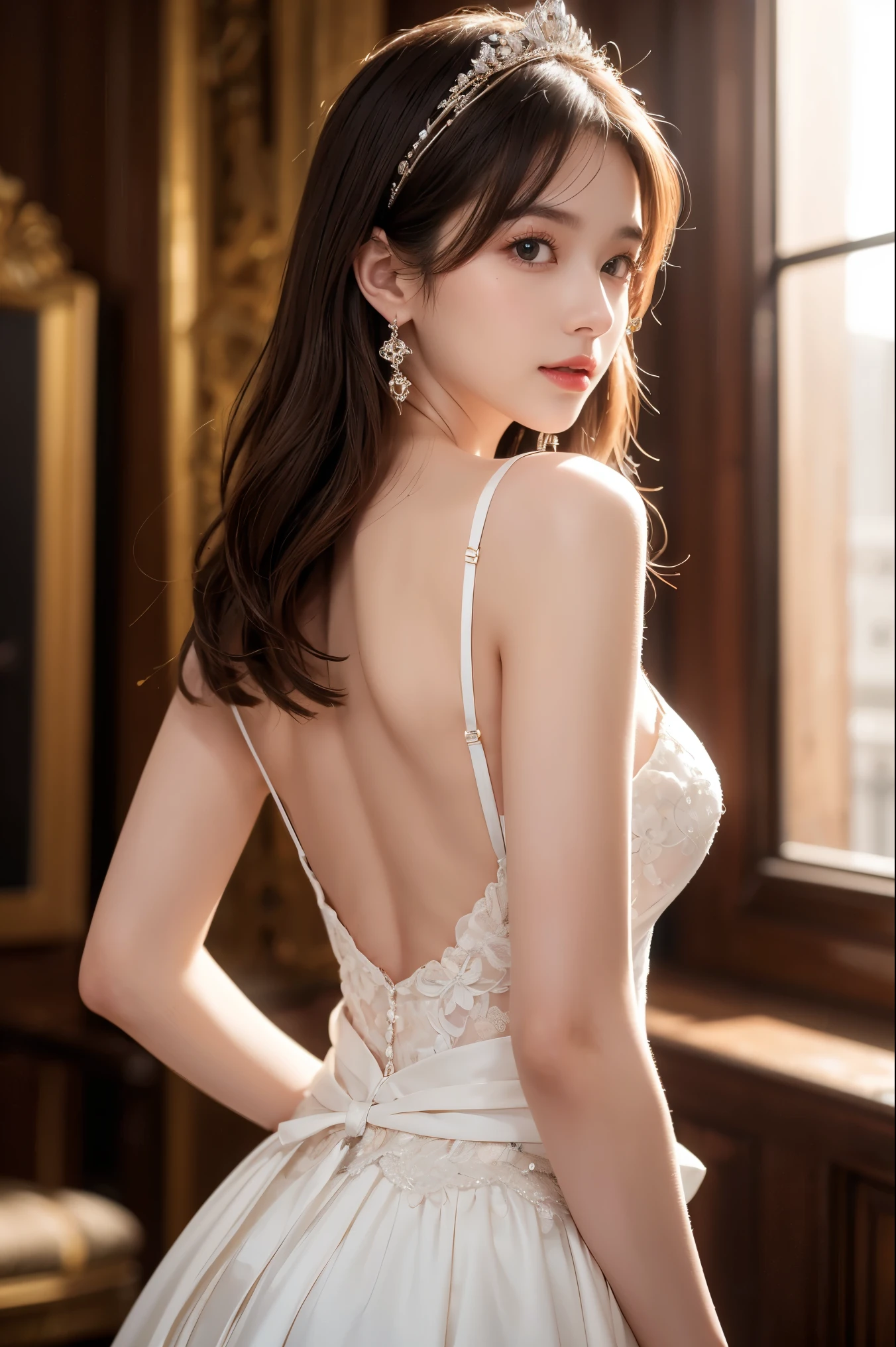 (top-quality、8K, yes、32K、tmasterpiece、hyper HD:1.2)、randome pose、(extremely delicate and beautiful work)、(tmasterpiece)、One girl、Highly Detailed Elegant Wedding Dresses、tiara crown、A highly detailed、fascinated expression、Beautiful and clear eyes、green pupils、delicate necklaces、Delicate earrings、Simple blur background、extreme detail description、Beautiful fece、A charming、Ultra-fine painting、delicated face、Delicate figure、thin clavicle、Beautiful lips、Soft back view、mix4、(8K、Raw photography、top-quality、tmasterpiece:1.2), (reallistic, Photorealsitic:1.37),1girl in,Cute,Cityscape, natta, Sateen, Moisturized, Professional Lighting, photon maping, Radio City, physically-based renderingt, above waist、