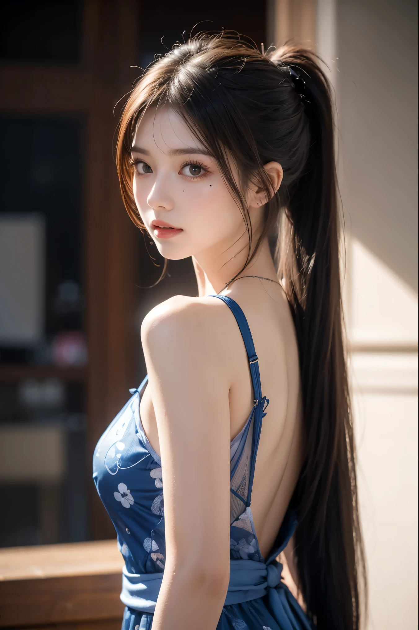 （best qualtiy，tmasterpiece：1.2）， super high resolution ，realisticlying，Front lighting，Complicated details，Exquisitedetailsandtextures，（1girll），solo，The upper part of the body，Blue Hanfu，Petal pattern，Nice big eyes，a blue dress，beauitful face，facing to audience，Streamers，gossamer，（ younger ），Facial highlights，Detal Face，tear-mole，white skinned，Silvery hair，High ponytail，looking at viewert，largeeyes，（Openwork pattern），耳Nipple Ring，slimfigure，white backgrounid，correct hand，profesional lighting，photon maping，Radio City，physically-based renderingt