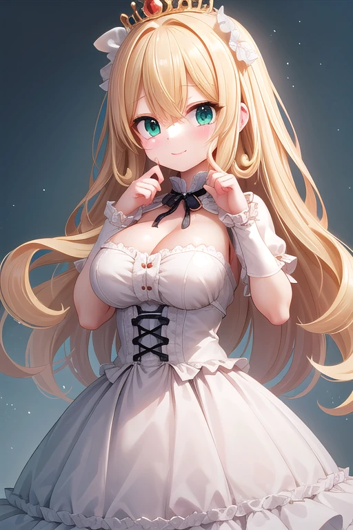   insanely detailed , Absurd, ultra-highres, Super detailed, Best Quality,
 1 girl, Alone, Great hands, Perfect hands,
break
princess,  PRINCESS DRESS WITH LOTS OF FRILLS, Tears in the Hair ,
Happy smile, smile,  closed mouth,
 is standing,  cute pose,
,  cowboy shot,
break
slender, Cute,   PERFECT SYMMETRICAL FACE  , Super cute girl, Super cute face, Super detailedな目, Very fine hair, Super cute, Super beautiful,
break
(  FANTASY WORLD  , Destroy ),  Depth of Field ,
 Medium Big Breasts ,
break
blonde hair, curly hair, My hair is messy, green eyes,  hair between eyes 