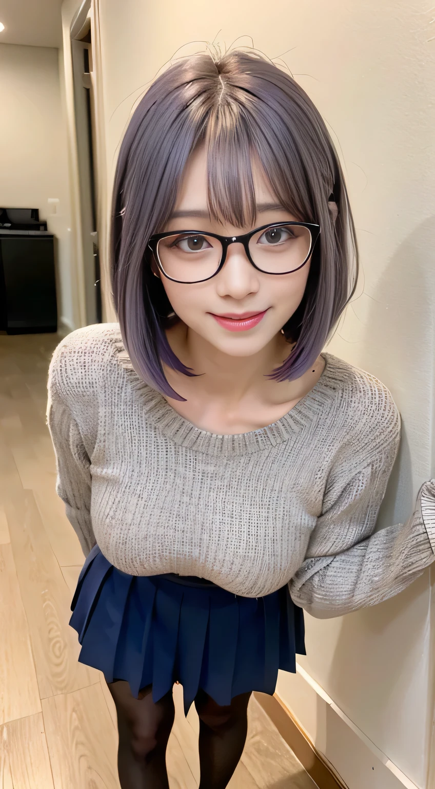  masterpiece ,  best quality, 1 Girl, (( watching viewer )),  Lavender Hair ,  Purple Eyes , Long hair,  Ahog,  sweater,  sweater skirt, pantyhose, 163 cm,  Hair Covering Eyes ,   big breasts , aldult, 33 years old,  mature,  glasses,  alone , only,  Smile, Cat ears, Cat&#39;s Tail, direction, Catwoman, Animal ears