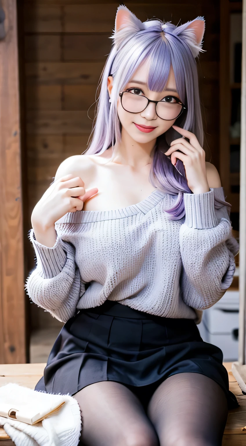  masterpiece ,  best quality, 1 Girl, (( watching viewer )),  Lavender Hair ,  Purple Eyes , Long hair,  Ahog,  sweater,  sweater skirt, pantyhose, 163 cm,  Hair Covering Eyes ,   big breasts , aldult, 33 years old,  mature,  glasses,  alone , only,  Smile, Cat ears, Cat&#39;s Tail, direction, Catwoman, Animal ears