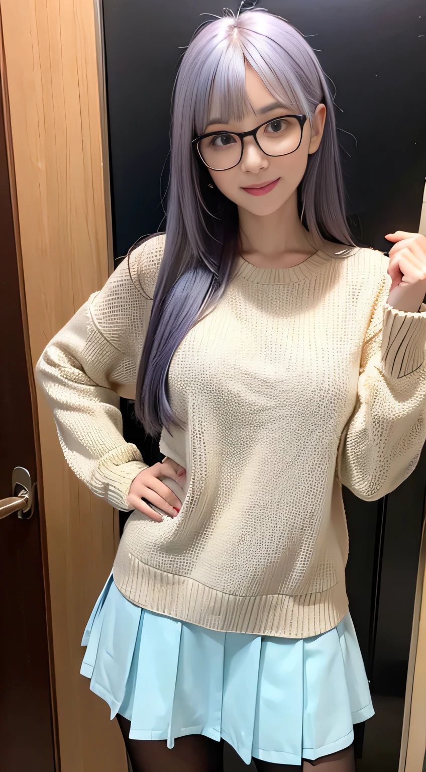  masterpiece ,  best quality, 1 Girl, (( watching viewer )),  Lavender Hair ,  Purple Eyes , Long hair,  Ahog,  sweater,  sweater skirt, pantyhose, 163 cm,  Hair Covering Eyes ,   big breasts , aldult, 33 years old,  mature,  glasses,  alone , only,  Smile, Cat ears, Cat&#39;s Tail, direction, Catwoman, Animal ears