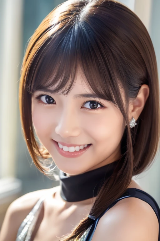 ((No sleeve, White sheer turtleneck shirt、Lots of debris、You can see the valley:1.3)). 40k, photograph, masterpiece, Highest quality, Dark Gray Background, ((beautiful girl)), ((Ample breasts)), perfectionな顔, perfection , ((Big Breasts)), ((smile、茶色の目と美しい明るいBlack Hairの女の子1人)). Beautiful Japanese Women,very, Soft breasts and white skin, ((very柔らかい胸)). Highly detailed face, fine grain, Embarrassing, smile, summer, Daytime, Half Body, (Golden ratio face、plump lower lip、Pink Lips:1.4)、fine grain、Detailed nose、Fine ears、Wet and glossy lip detail、cloud, Color Stone Necklace, (Big Breasts:1.8),(CG Unity 8k high resolution wallpaper), Complex, Attention to detail, Sharp focus, dramatic, beautiful girl, (Black Hair、Blunt bangs, The forehead is hidden by the bangs:1.4)