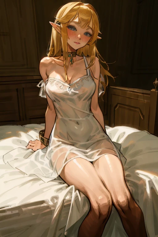 masterpiece, best_quality, (woman:1.8), (adult:1.67), solo, princess zelda, the legend of zelda, sksw, silk, white dress, large luxury bedroom, nightgown, short dress, collar, choker, collar,(bare shoulders), blushing, (straight back), ( cuffs), (legs together),(smiling:0.4),(blushing:0.7), (facing viewer), (looking at viewer), thin, translucent, see-through, stockings,  sitting on edge of bed, (large breasts), (from below:0.5), (shy:0.3)