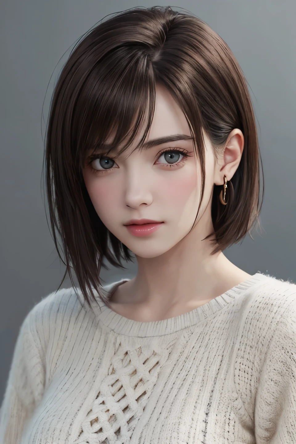 (Representative works:1.3)、(photorealistic、Raw photo、Highest image quality:1.4)、(30 years old brunette woman), European woman, small face、beautiful face、(realistic face)、no makeup、natural makeup、Light makeup、 (Dark brown, short hair:1.3)、beautiful hairstyle、realistic eyes、beautiful detailed eyes、 (photorealistic skin)、(sweater),, Bust E cup、 Disorganized、 charm, 超High definition, Super realistic, High definition, Golden Ratio FF Tifa、Gray background、
