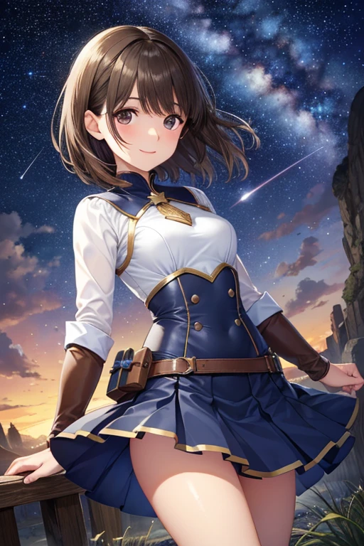  annegas no、 Shiny brown hair ,  short hair, (beautiful brown eyes、Sparkling Eyes, fine grain)、smile、 super detailed eyes 、 very detailedな顔,  very detailedな目,



Best Quality, High image quality, 16k,   unbelievably ridiculous  ,  very detailed, 2.5D, Delicate and dynamic, battlefield,  small fireflies flying with a faint light,  Knight , Starry Sky, milky way, nebula, meteor,  Very delicate facial expression, Delicate eye depiction, Upper body close-up, Only sexy women, Healthy body shape, 22-year-old woman, , Big companies go bankrupt,  Jill Warrickのコスチューム,  Blue Long Skirt , Long brown leather boots , 