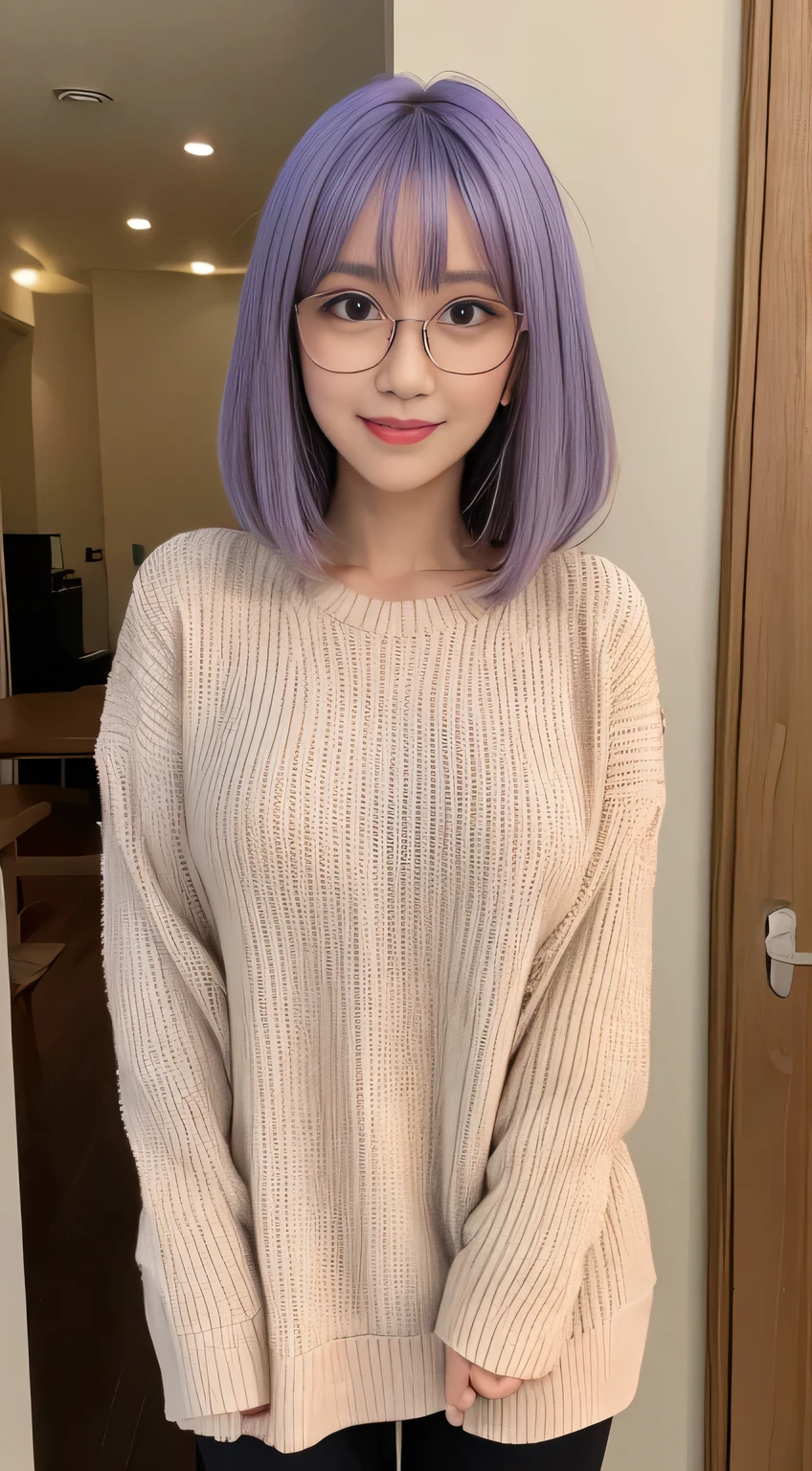  masterpiece ,  best quality, 1 Girl, (( watching viewer )),  Lavender Hair ,  Purple Eyes , Long hair,  Ahog,  sweater,  sweater skirt, pantyhose, 163 cm,  Hair Covering Eyes ,   big breasts , aldult, 33 years old,  mature,  glasses,  alone , only,  Smile, Cat ears, Cat&#39;s Tail, direction, Catwoman, Animal ears，black hair, hair bobbles, wince, longeyelashes, solid circle eyes, fake animal ears, light smile, ear blush, fang, ccurate,  surrealism, drop shadow, anaglyph, stereogram, tachi-e, throw, atmospheric perspective, 8k, super detail, best quality, UHD, anatomically correct, retina, masterpiece, textured skin, super detail, high details, high quality, award winning, best quality,  highres icon, 16k