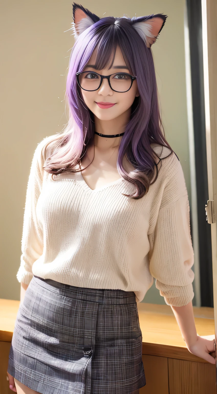  masterpiece ,  best quality, 1 Girl, (( watching viewer )),  Lavender Hair ,  Purple Eyes , Long hair,  Ahog,  sweater,  sweater skirt, pantyhose, 163 cm,  Hair Covering Eyes ,   big breasts , aldult, 33 years old,  mature,  glasses,  alone , only,  Smile, Cat ears, Cat&#39;s Tail, direction, Catwoman, Animal ears，black hair, hair bobbles, wince, longeyelashes, solid circle eyes, fake animal ears, light smile, ear blush, fang, ccurate,  surrealism, drop shadow, anaglyph, stereogram, tachi-e, throw, atmospheric perspective, 8k, super detail, best quality, UHD, anatomically correct, retina, masterpiece, textured skin, super detail, high details, high quality, award winning, best quality,  highres icon, 16k