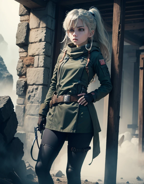 Dramatic lighting, deep shadows, closer, towering formations of solidified volcanic lava, twisted black rock, ruins, mist, fog, rubble, fires, smoke, one woman, Katheryn Winnick, blonde braided hair blowing in wind, pale blue eyes, determined frown, wearing scruffy blue goretex coat, keffiyeh, jeans, tactical gloves, equipment belt with gun holster and scabbard, leaning against wall, peering to side