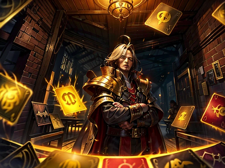 An unkillable demonking, please create him middle-aged, please let him be surrounded by cotton-emroided golden cards, windy hair, this is visually captivating artwork inspired by Twisted Fate, special moment, vivid homely atmosphere,
