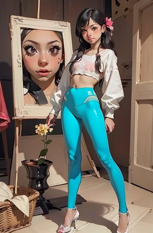 Full body portrait, beutiful stuning mexican young girl, highly detailed anatomy highly detailed delicated features, highly detailed skin, georgeus body, perfect body, wearing a lace thight leggins 
