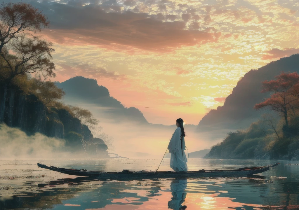 ((masterpiece))), (((best quality))), ((super detailed)), (highly detailed computer illustration), ((extremely delicate and beautiful)),  long raft with,
1girl, watercraft, boat, scenery, solo, water, outdoors, tree, sky, cloud, black hair, standing, long hair, holding, sunset, leaf, autumn leaves, reflection, japanese clothes, river,
(Real waterRealistic waterflowing water:1.0)ripples
