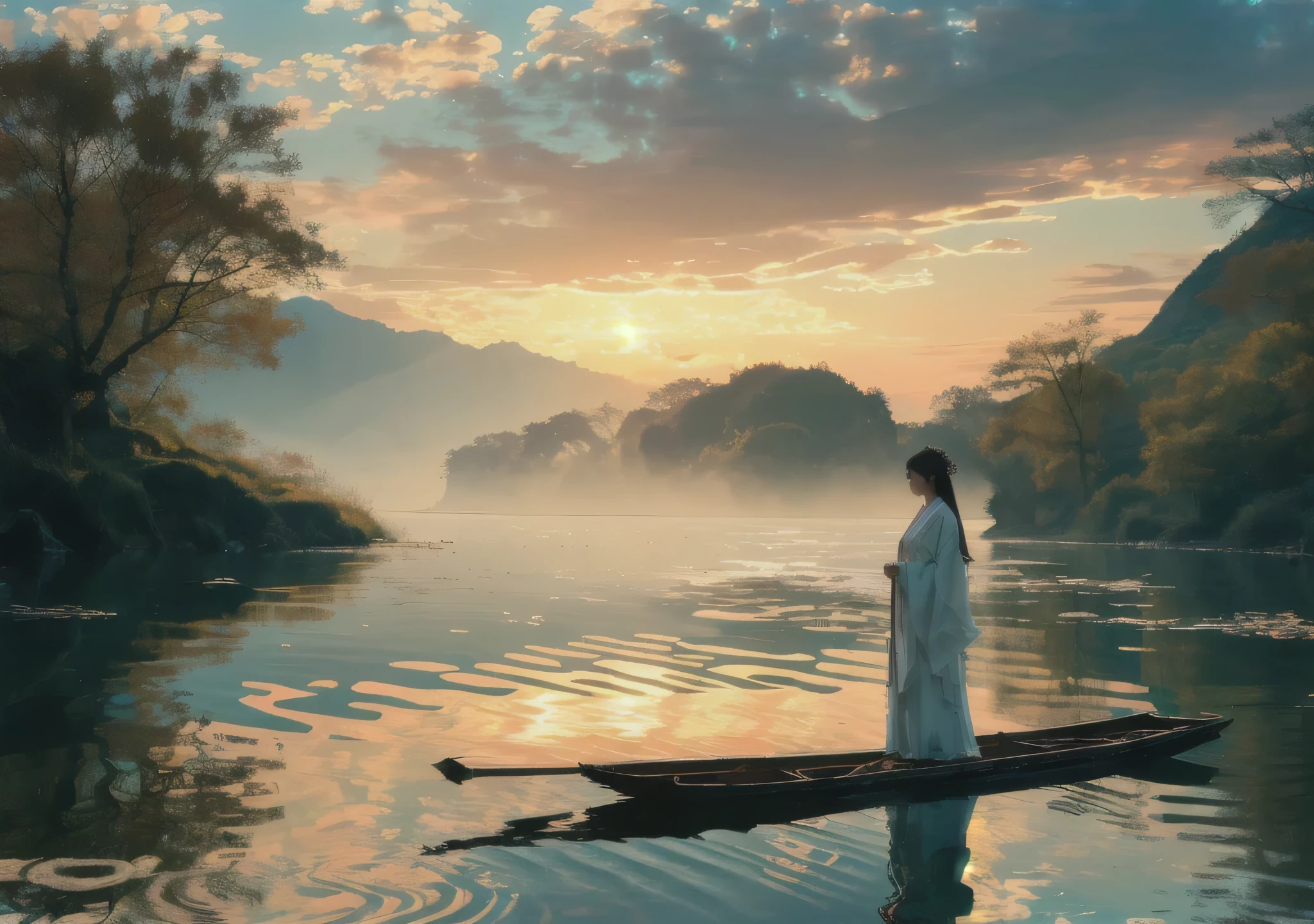 ((masterpiece))), (((best quality))), ((super detailed)), (highly detailed computer illustration), ((extremely delicate and beautiful)),  long raft with,
1girl, watercraft, boat, scenery, solo, water, outdoors, tree, sky, cloud, black hair, standing, long hair, holding, sunset, leaf, autumn leaves, reflection, japanese clothes, river,
(Real waterRealistic waterflowing water:1.0)ripples
