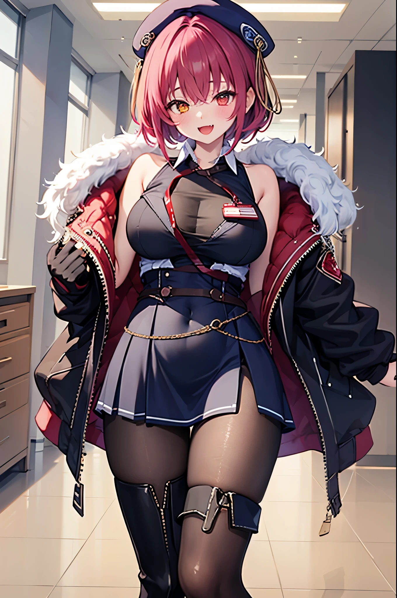 ((Masterpiece)), (Best Quality), marine_beret, Collared_White_Shirt, Sleeveless, High-waisted Skirt, Pantyhose, Blue Jacket, Fur Embellishment, Fingerless Gloves, ID Card, Solo,marine_officer,, black pantyhose, black gloves, thigh boots, beret,houshou_marine,heterochromia, red eyes, orange eyes,open_mouth,big_smile,evil_smile,fang,large_breasts,,office_landscape,red_short_hair,(plump:0.7),open_mouth,tongue, slouch,pov