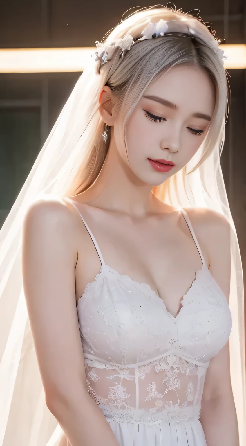  veil on head , Grey Veil, White hair, Off-white, Gouvezi art style,   arrogant and indifferent girl, Half-closed eyes, white eyes ,  White eyes , Chinese style, Off-white