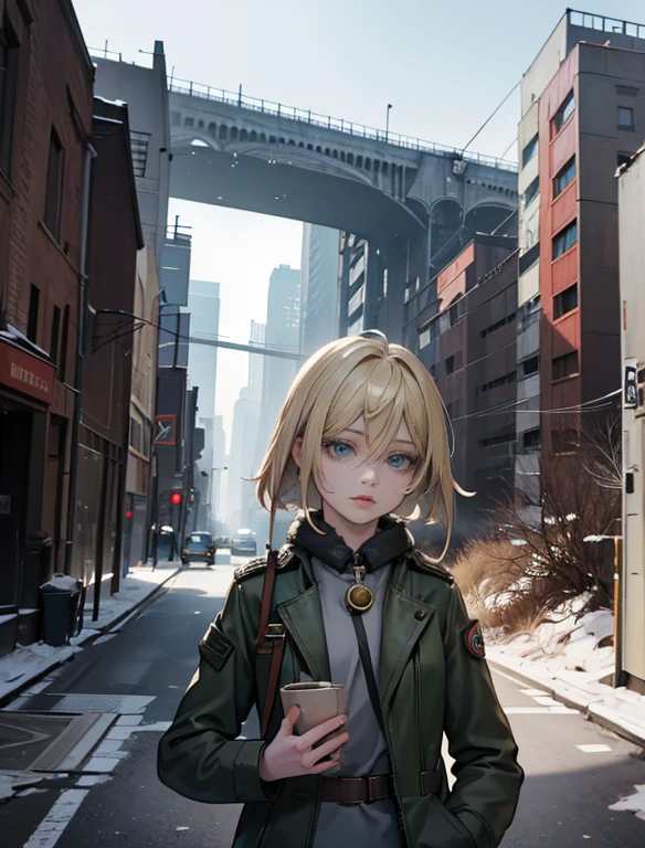 RAW photo of 50 years old Doutzen Kroes (short blond hair, bob cut) wear dirty jacket,  mature woman, masterpiece, best quality, (photorealistic:1.4), Create dystopian masterpieces. Depict the cityscape in the gritty style of the game's concept art. This work should evoke a sense of abandonment and despair in a futuristic, post-apocalyptic world. Notice the intricacies of detail, the sharp focus.