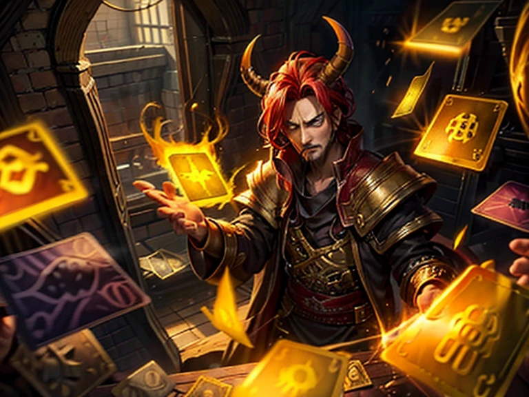 An unkillable demonking, please create him middle-aged, please let him be surrounded by cotton-emroided golden cards, windy hair, this is visually captivating artwork inspired by Twisted Fate, special moment, vivid homely atmosphere,
