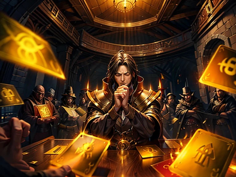 An unkillable demonking, please create him middle-aged, please let him be surrounded by cotton-emroided golden cards, windy hair, this is visually captivating artwork inspired by Twisted Fate, special moment, vivid homely atmosphere,
