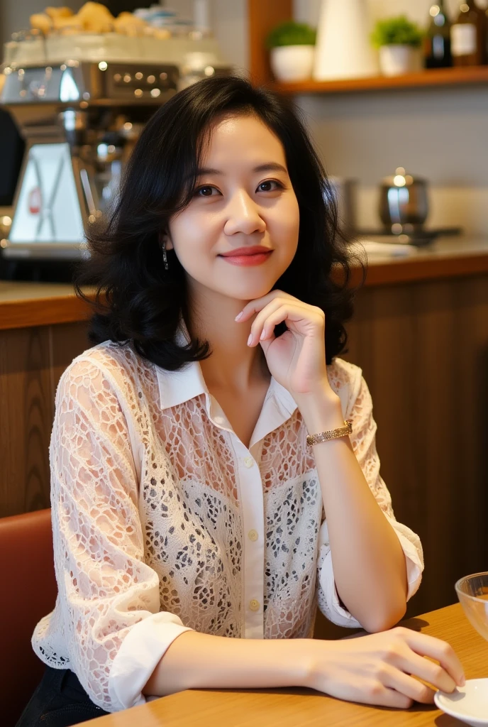 A full-length portrait of a beautiful young woman. She is Thai. Sitting in a warm and trendy coffee shop. She wears a delicate white lace shirt, giving off a relaxed yet chic vibe. The background of the coffee shop has soft lighting, a coffee machine, and neatly arranged cups, creating a warm and inviting atmosphere. The atmosphere of the shop gives off a sense of calm and privacy, with a relaxed and friendly atmosphere. The woman's attire and posture look elegant yet casual, adding to the overall beauty of the trendy coffee shop.