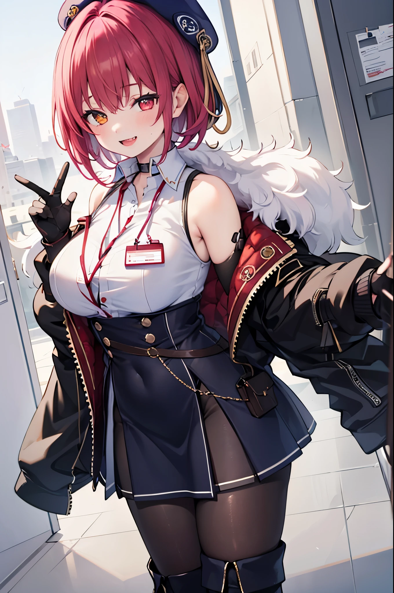 ((Masterpiece)), (Best Quality), marine_beret, Collared_White_Shirt, Sleeveless, High-waisted Skirt, Pantyhose, Blue Jacket, Fur Embellishment, Fingerless Gloves, ID Card, Solo,marine_officer,, black pantyhose, black gloves, thigh boots, beret,houshou_marine,heterochromia, red eyes, orange eyes,open_mouth,big_smile,evil_smile,fang,large_breasts,,office_landscape,red_short_hair,(plump:0.7),open_mouth,tongue, slouch,pov,grin,evil,