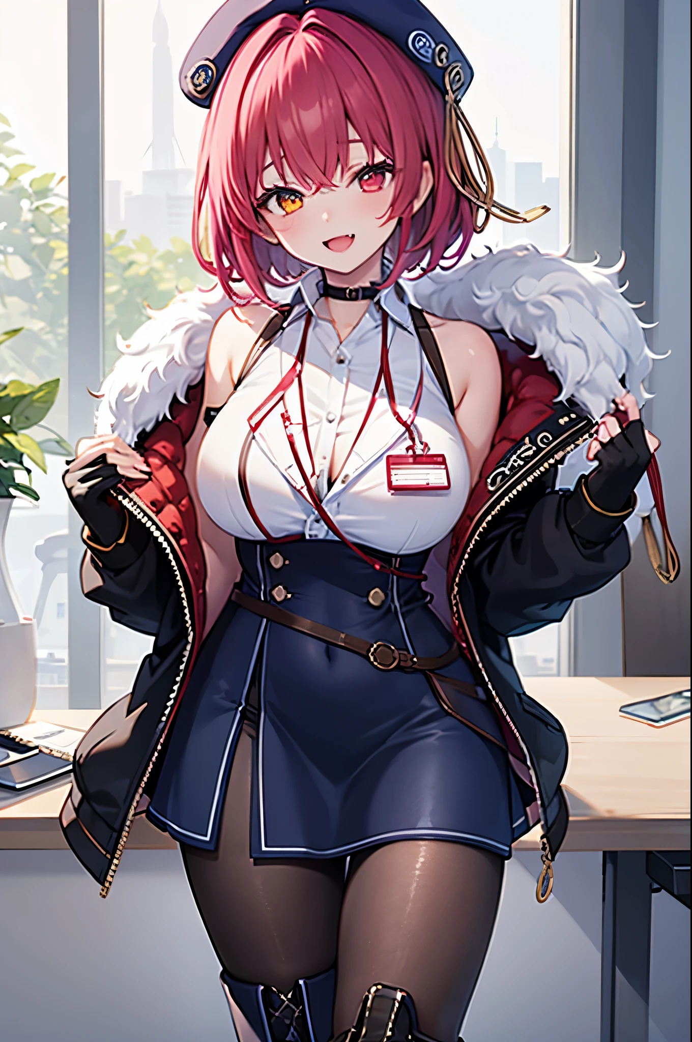 ((Masterpiece)), (Best Quality), marine_beret, Collared_White_Shirt, Sleeveless, High-waisted Skirt, Pantyhose, Blue Jacket, Fur Embellishment, Fingerless Gloves, ID Card, Solo,marine_officer,, black pantyhose, black gloves, thigh boots, beret,houshou_marine,heterochromia, red eyes, orange eyes,open_mouth,big_smile,evil_smile,fang,large_breasts,,office_landscape,red_short_hair,(plump:0.7),open_mouth,tongue, slouch,pov,grin,evil,