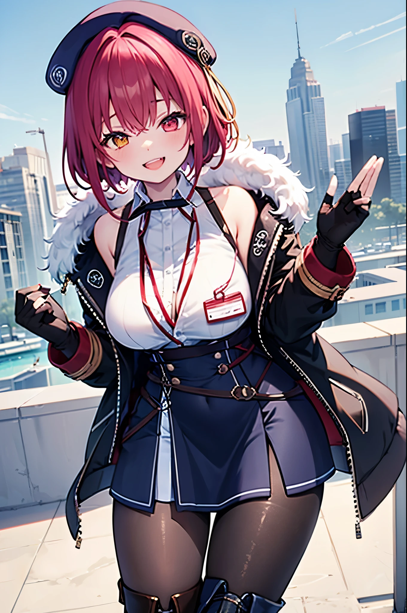 ((Masterpiece)), (Best Quality), marine_beret, Collared_White_Shirt, Sleeveless, High-waisted Skirt, Pantyhose, Blue Jacket, Fur Embellishment, Fingerless Gloves, ID Card, Solo,marine_officer,, black pantyhose, black gloves, thigh boots, beret,houshou_marine,heterochromia, red eyes, orange eyes,open_mouth,big_smile,evil_smile,fang,large_breasts,,office_landscape,red_short_hair,(plump:0.7),open_mouth,tongue, slouch,pov,grin,evil,